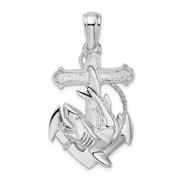 925 Sterling Silver Nautical Anchor Great White Shark Necklace Charm Pendant - Picture 1 of 4
